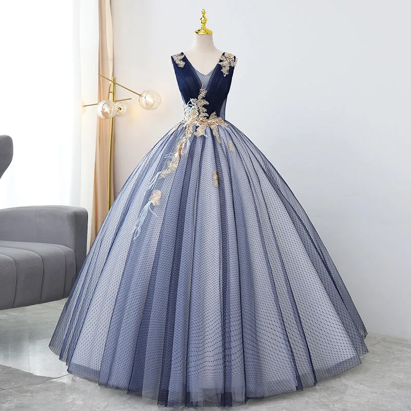 Blue Tulle Ball Gown V-neckline Sweet 16 Dresses, Blue Floor Length Formal Dresses Evening Gown