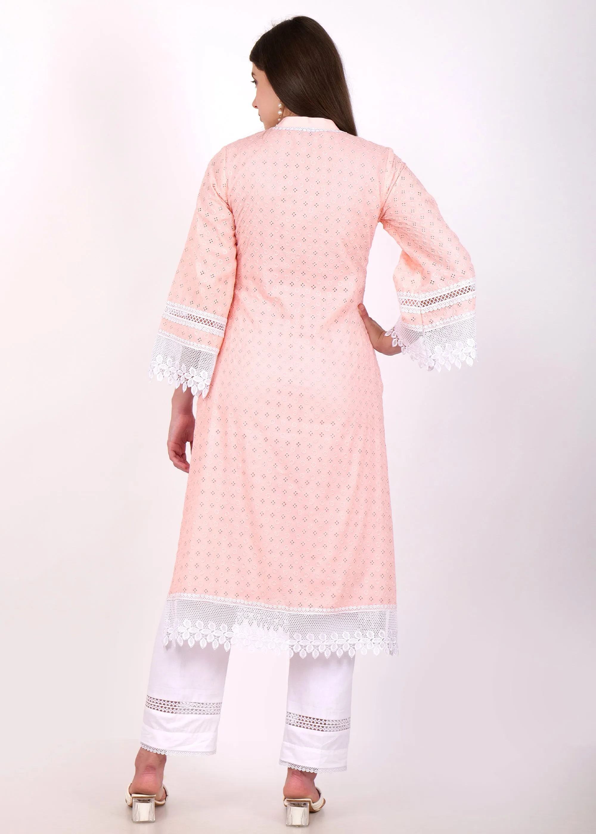 Blush Pink Lace Trim Kurta Set