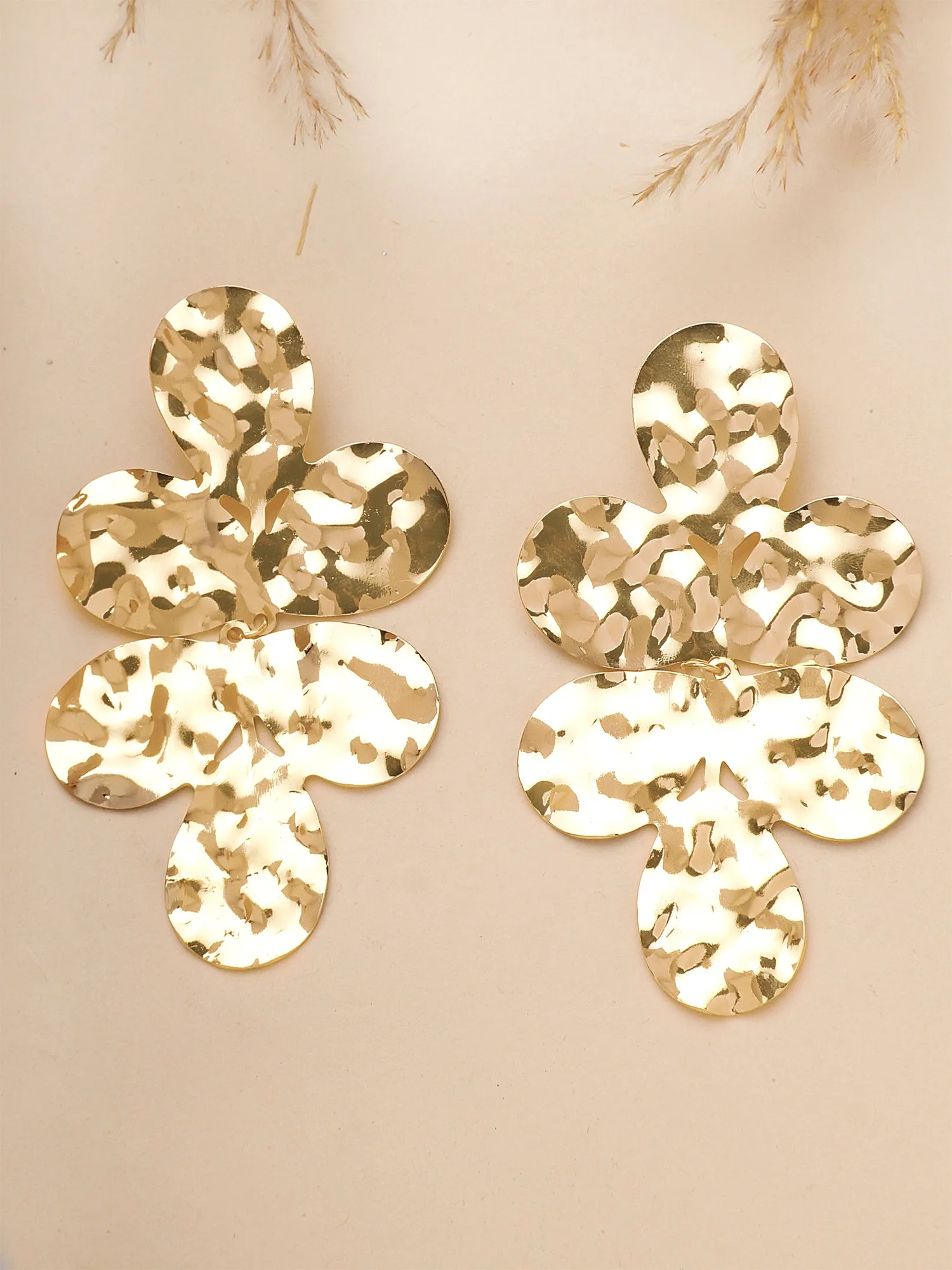 Bohey by KARATCART Gold Plated Hammered Leaf Design Drop Earrings for Women