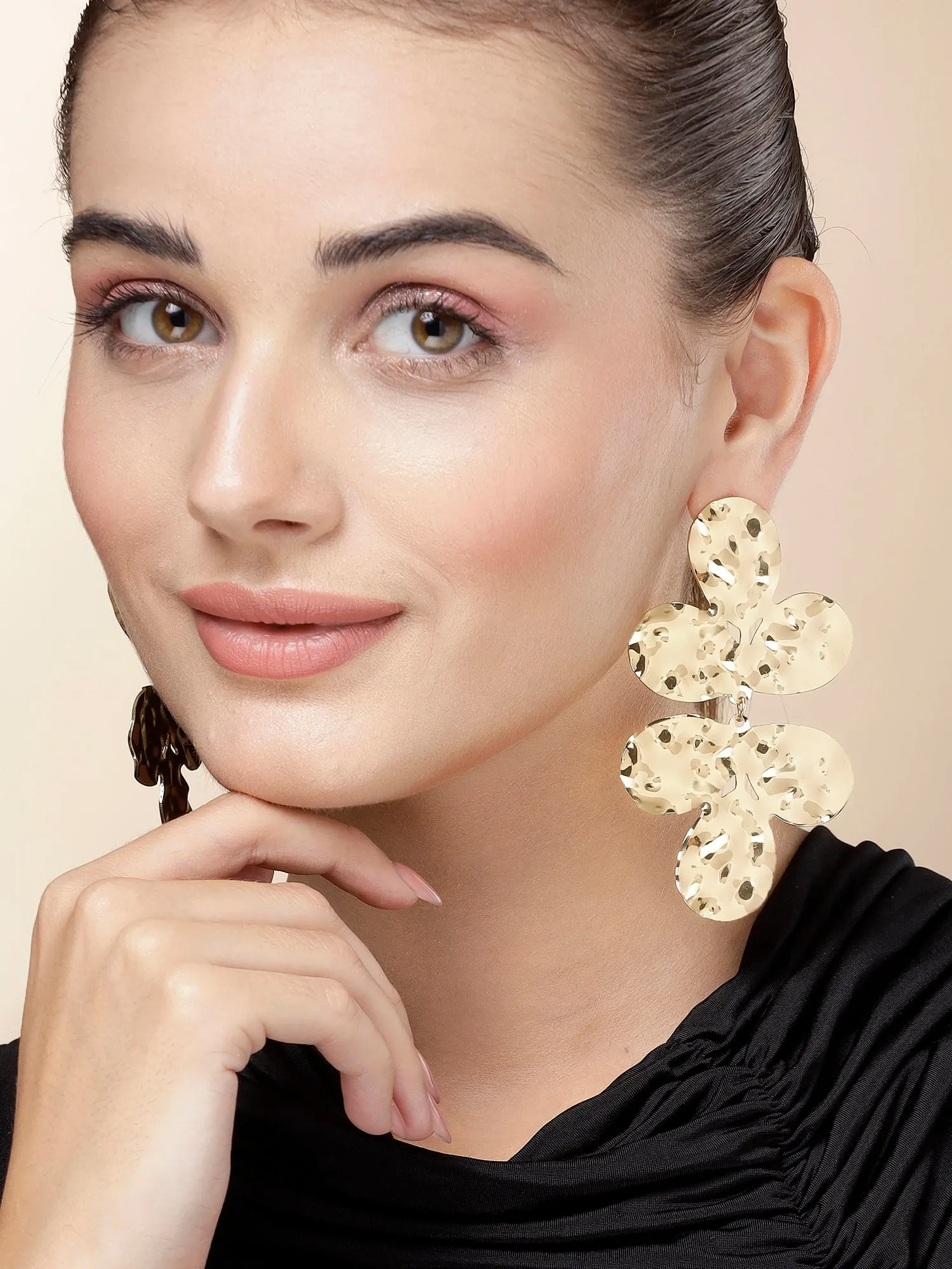 Bohey by KARATCART Gold Plated Hammered Leaf Design Drop Earrings for Women