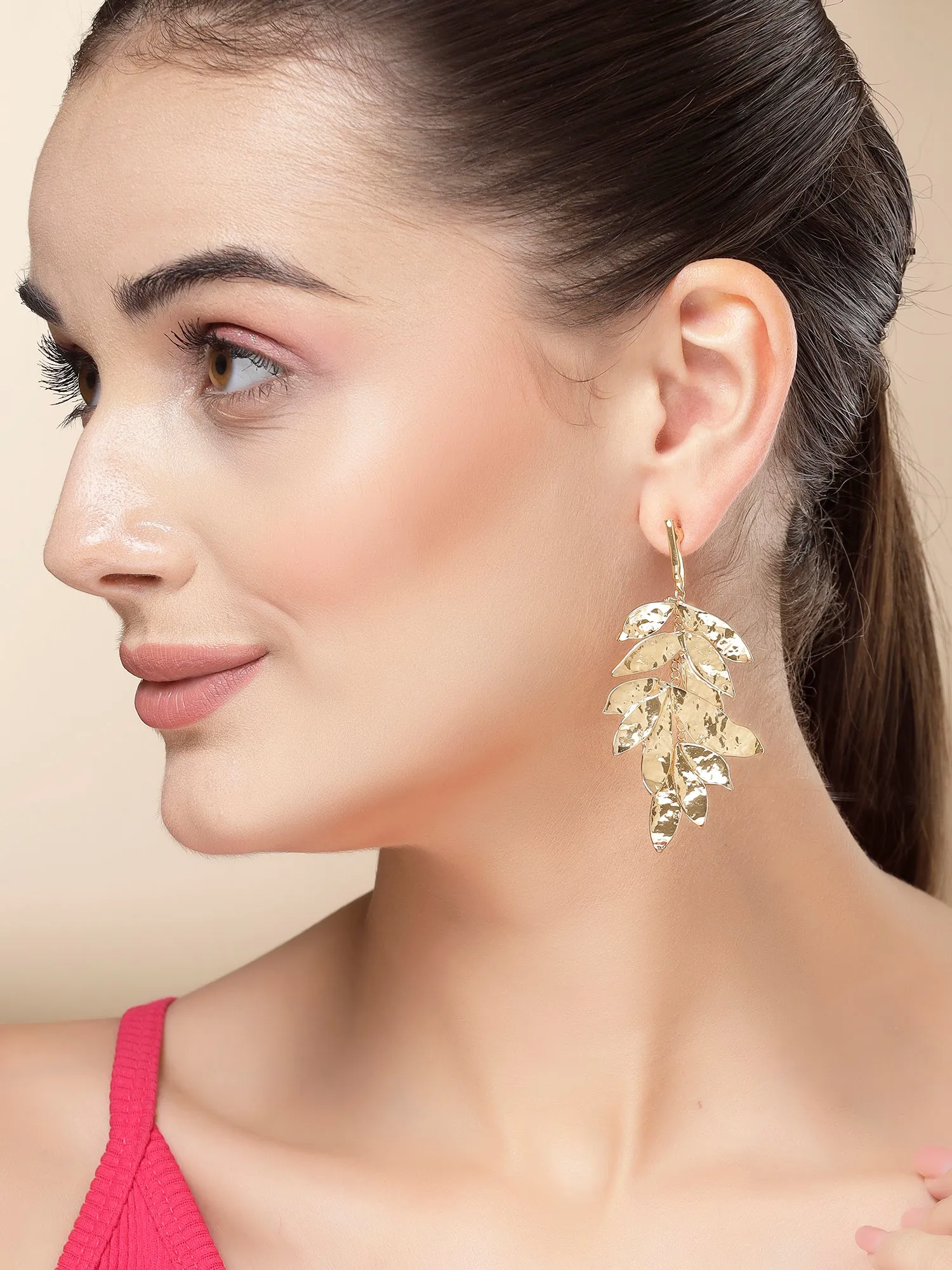 Bohey by KARATCART Gold Plated Hammered Leaf Design Drop Earrings for Women