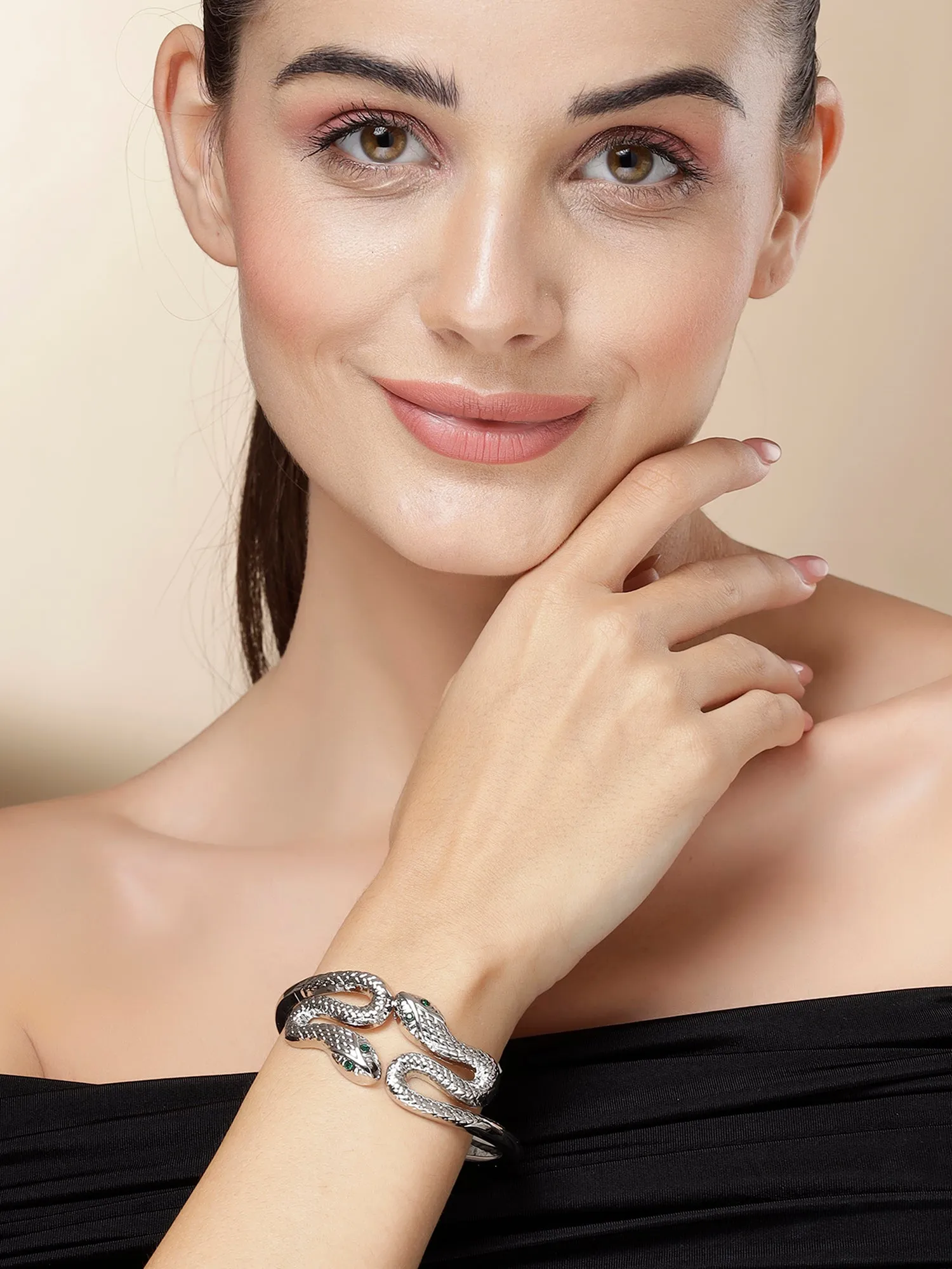 Bohey by KARATCART Silver Plated Snake Design Kada Bracelet for Women