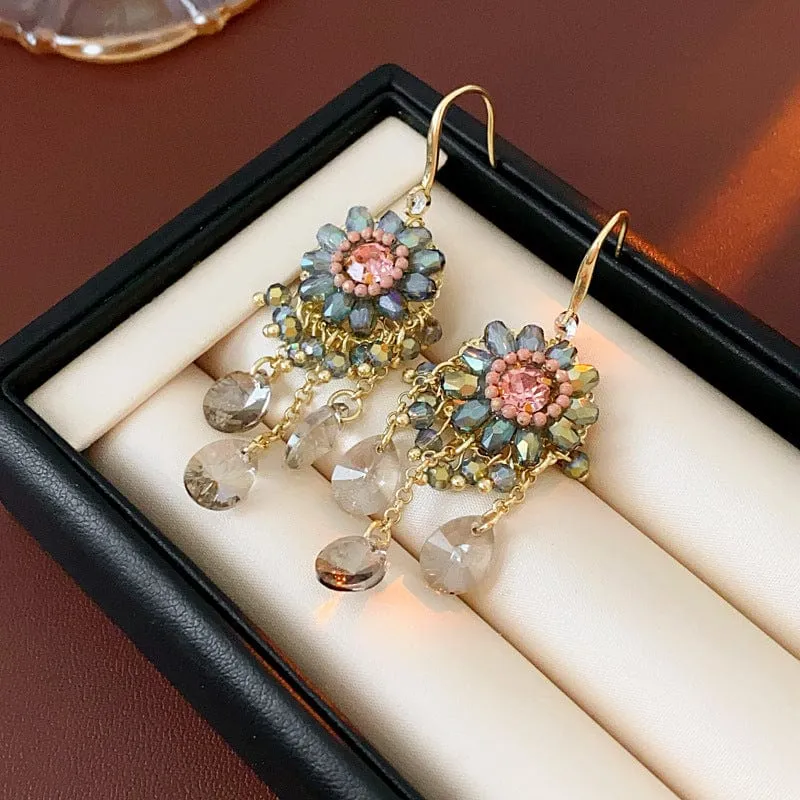 Boho Chunky CZ Rhinestone Inlaid Flower Crystal Tassel Earrings