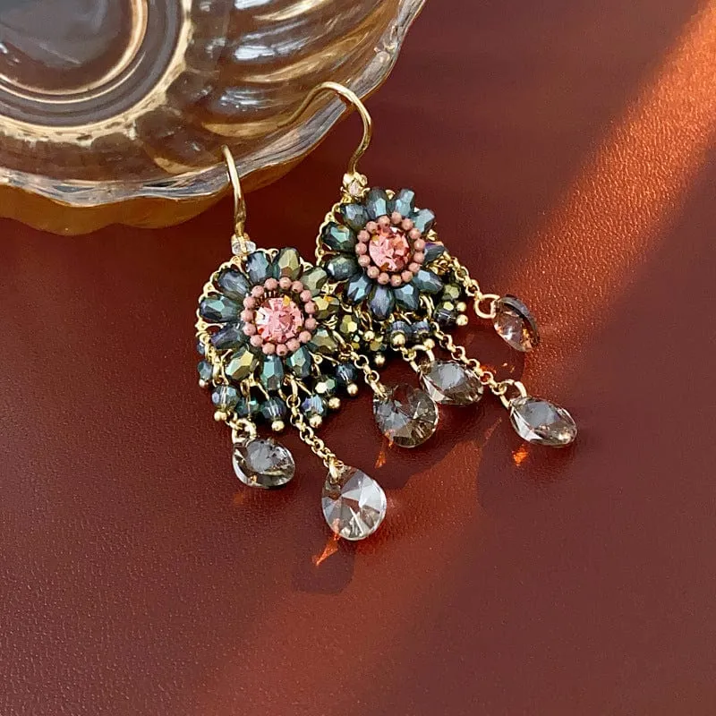 Boho Chunky CZ Rhinestone Inlaid Flower Crystal Tassel Earrings