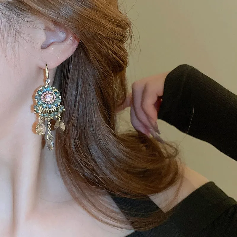 Boho Chunky CZ Rhinestone Inlaid Flower Crystal Tassel Earrings