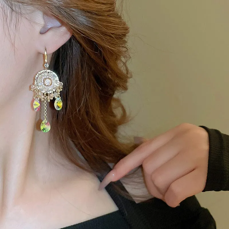 Boho Chunky CZ Rhinestone Inlaid Flower Crystal Tassel Earrings