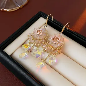 Boho Chunky CZ Rhinestone Inlaid Flower Crystal Tassel Earrings