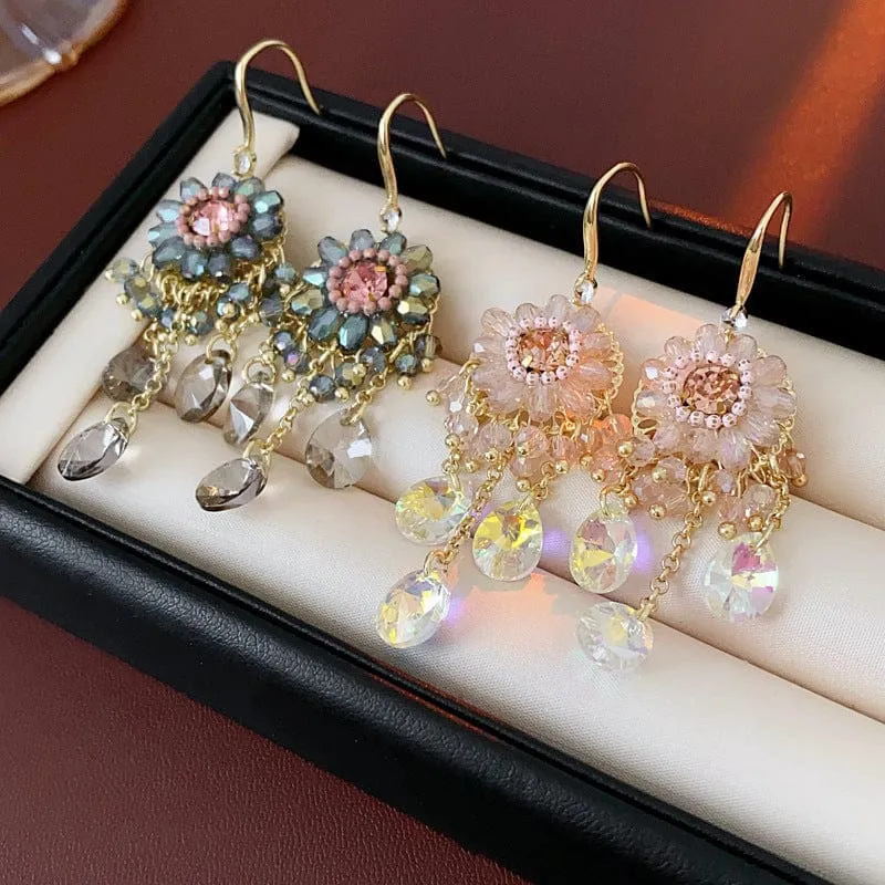 Boho Chunky CZ Rhinestone Inlaid Flower Crystal Tassel Earrings
