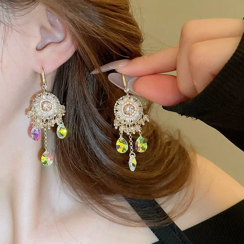 Boho Chunky CZ Rhinestone Inlaid Flower Crystal Tassel Earrings