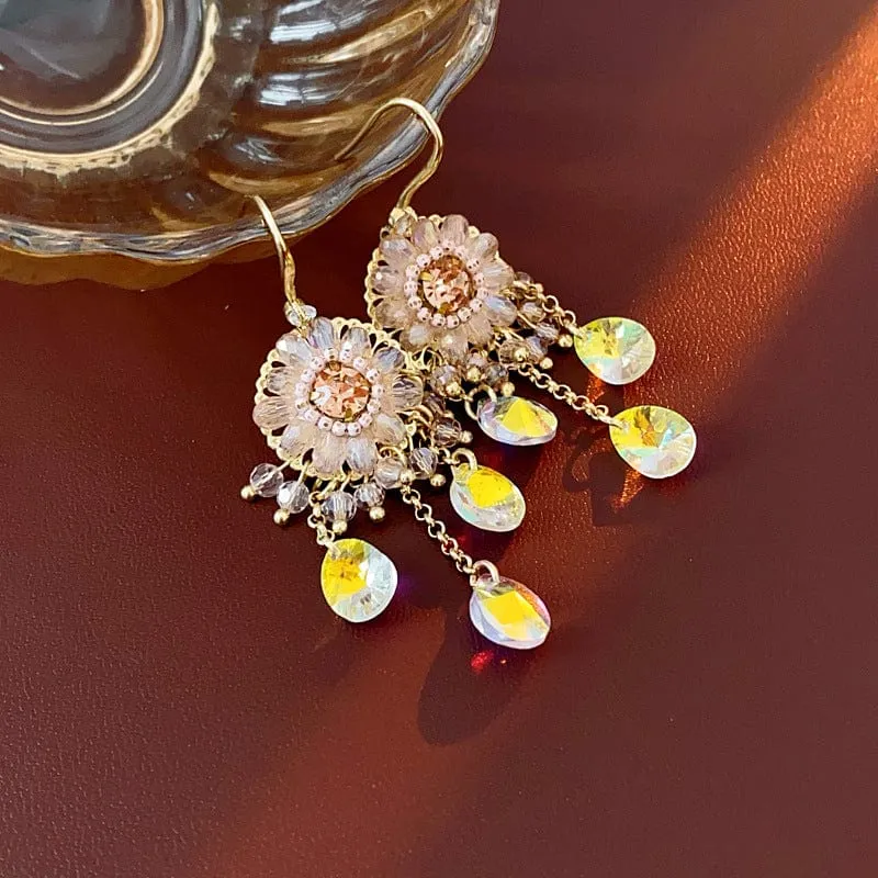 Boho Chunky CZ Rhinestone Inlaid Flower Crystal Tassel Earrings