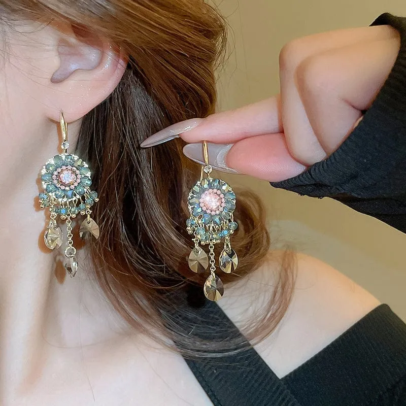 Boho Chunky CZ Rhinestone Inlaid Flower Crystal Tassel Earrings