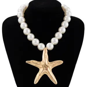Boho Chunky Starfish Pendant Pearl Chain Necklace