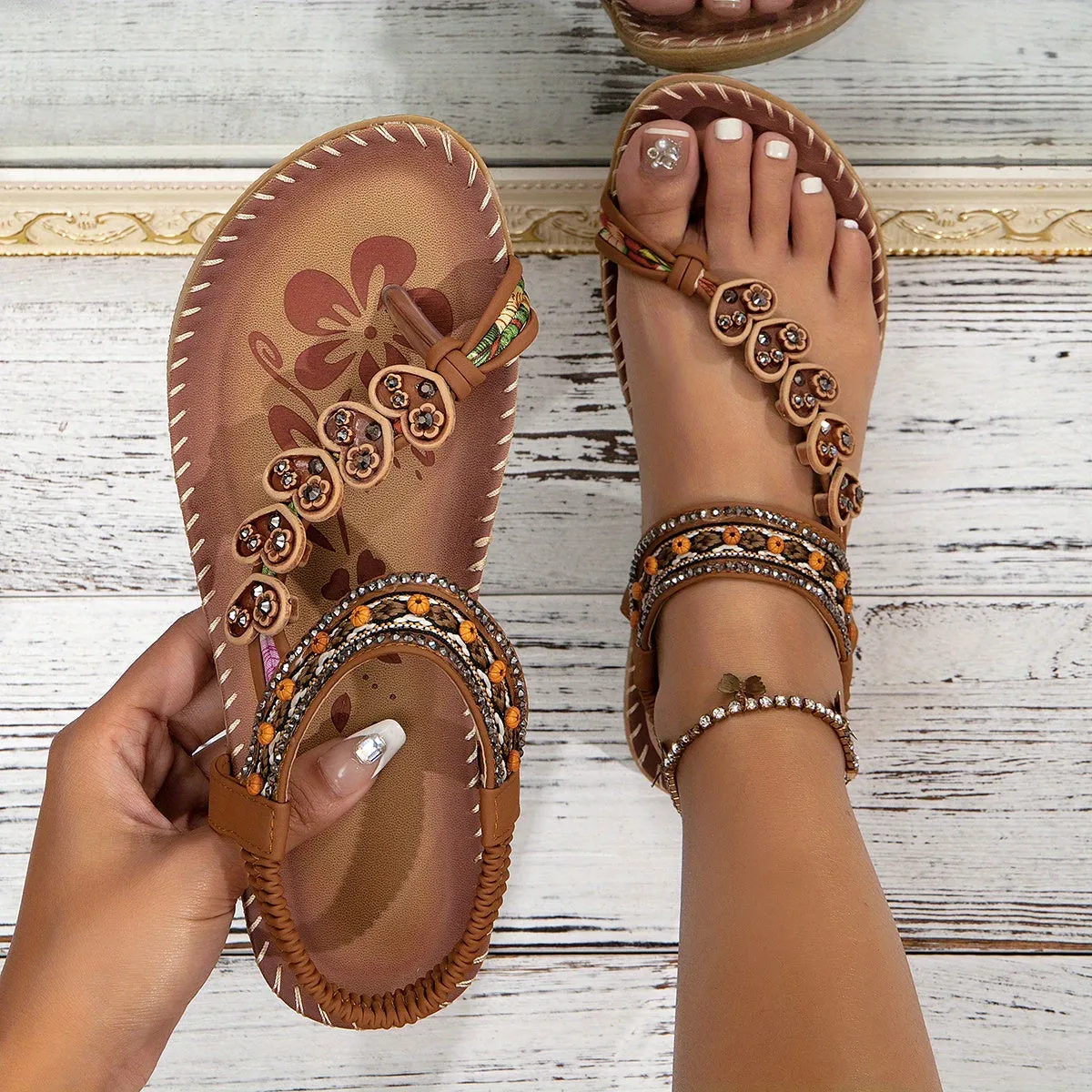 Boho Floral Embroidered Sandals for Women