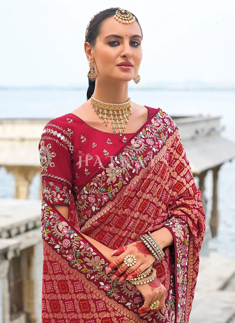 Bridal Maroon Handwork Embroidery Wedding Saree