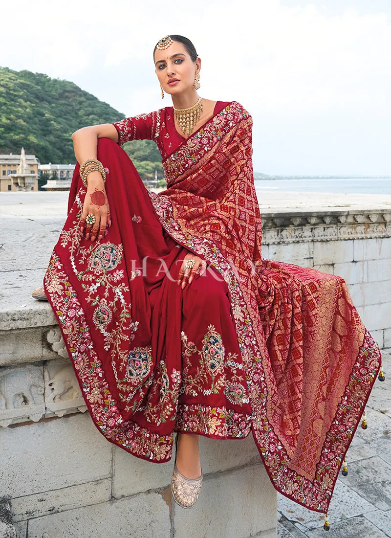 Bridal Maroon Handwork Embroidery Wedding Saree