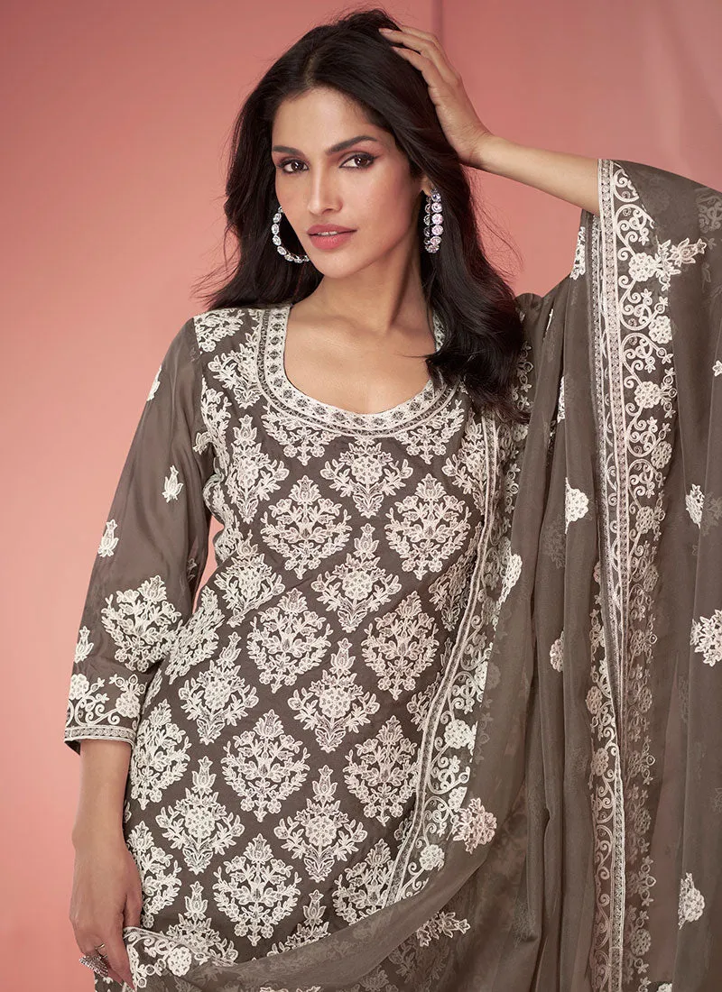 Brown Thread Embroidery Traditional Palazzo Suit