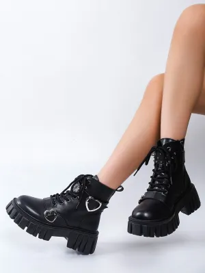 Buckle & Studded Decor Lace-up Front Zipper Side Combat Boots, Black Punk Rivet Decorated Buckle Solid Color Women's Fashionable Boots