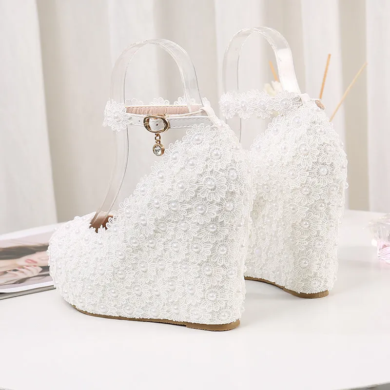 Buckle Wedge Lace White Wedding Shoes