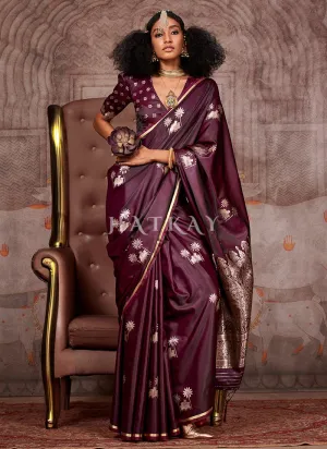 Burgundy Golden Handloom Silk Saree