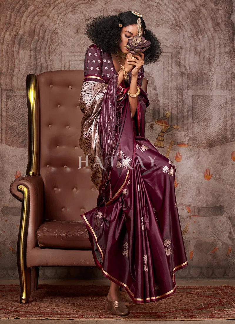 Burgundy Golden Handloom Silk Saree