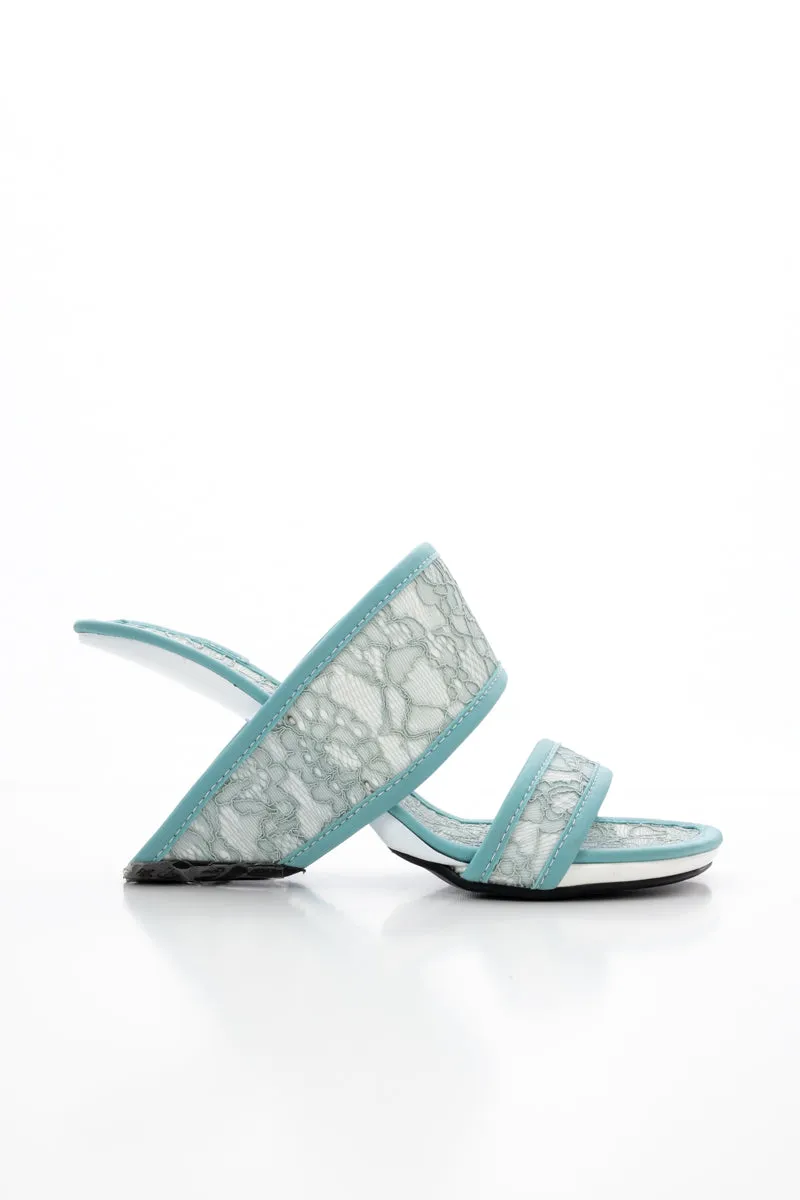 Camellia Lace Upper Leather Heeled Sandal - Blue