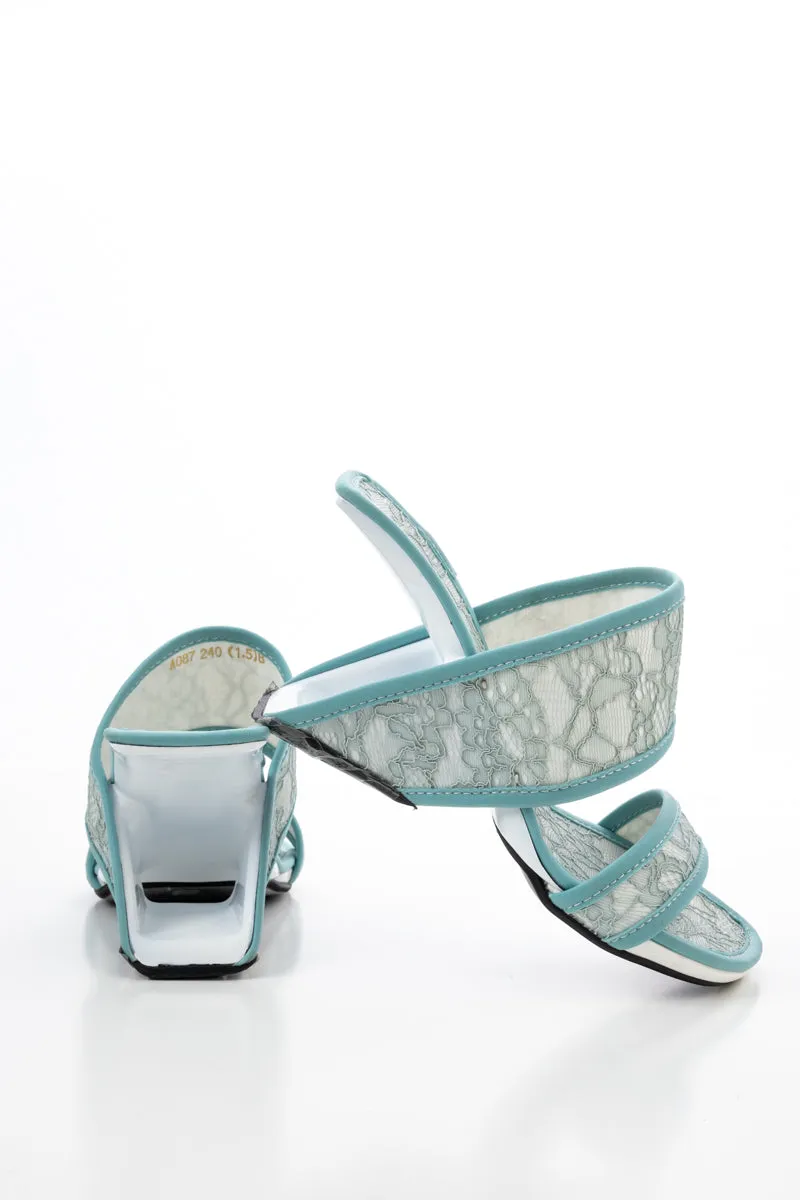 Camellia Lace Upper Leather Heeled Sandal - Blue