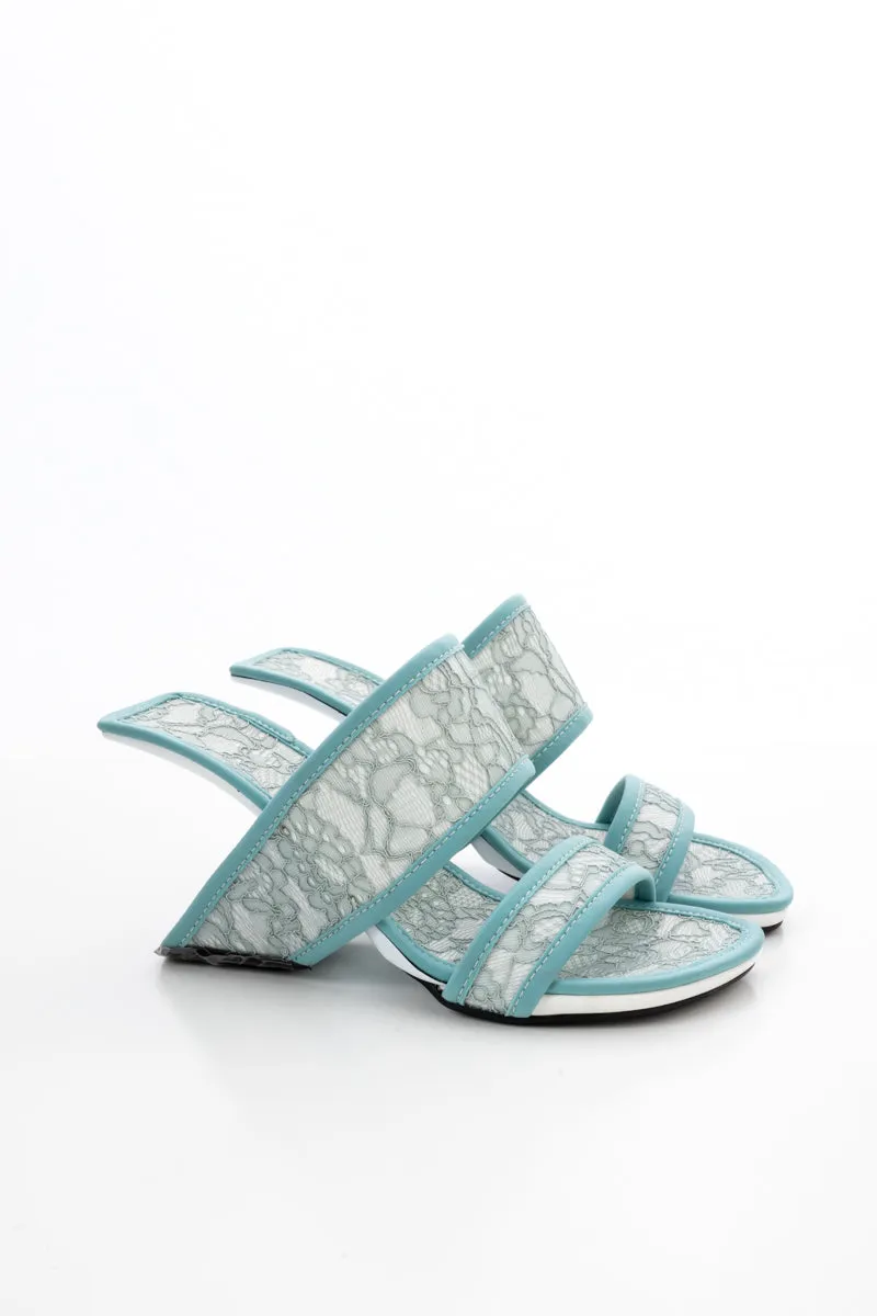 Camellia Lace Upper Leather Heeled Sandal - Blue
