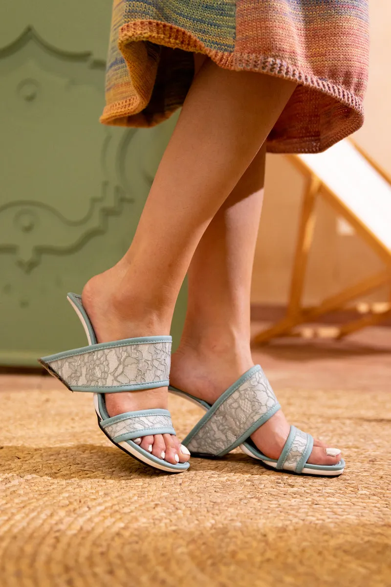 Camellia Lace Upper Leather Heeled Sandal - Blue