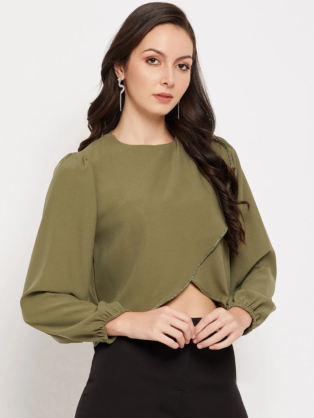 Camla Barcelona Dark Green Embellished Wrap  Top
