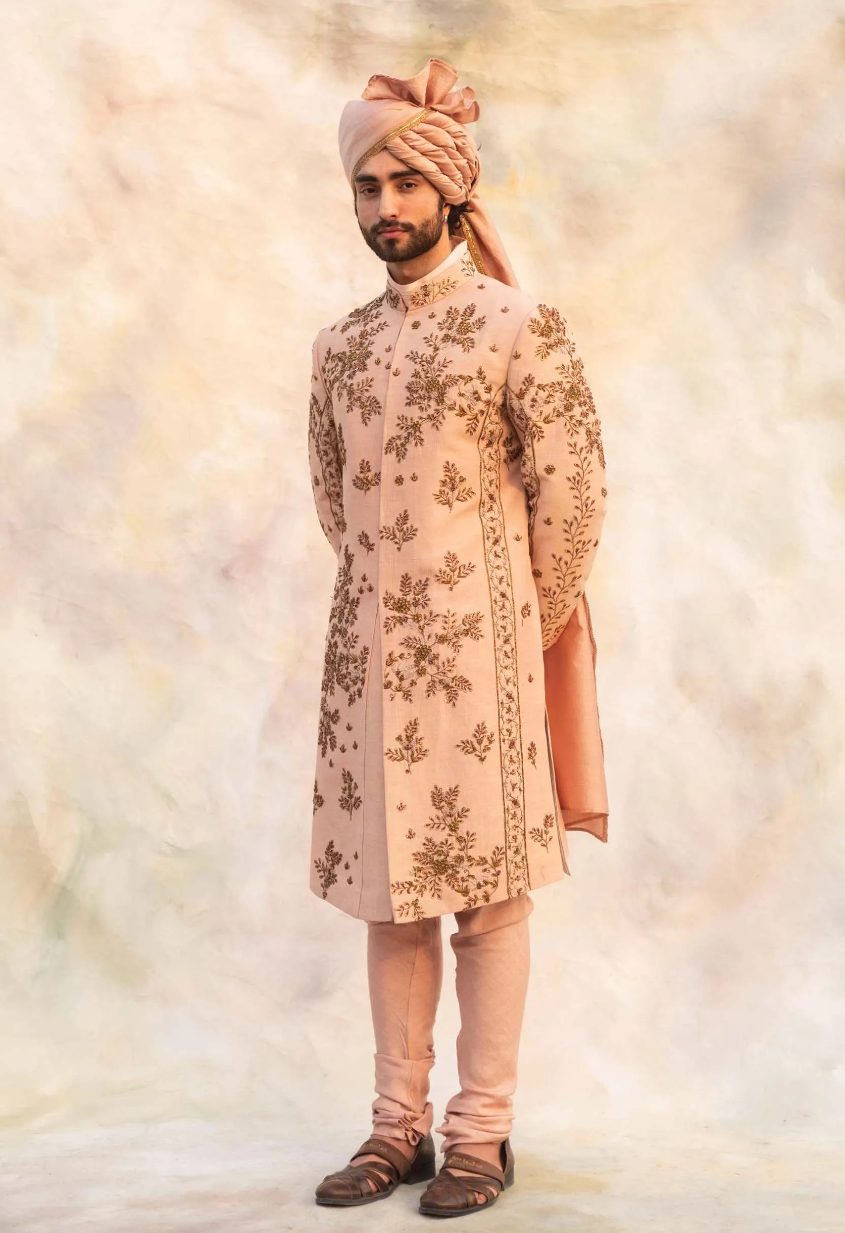 Champagne Embroidery Sherwani Set