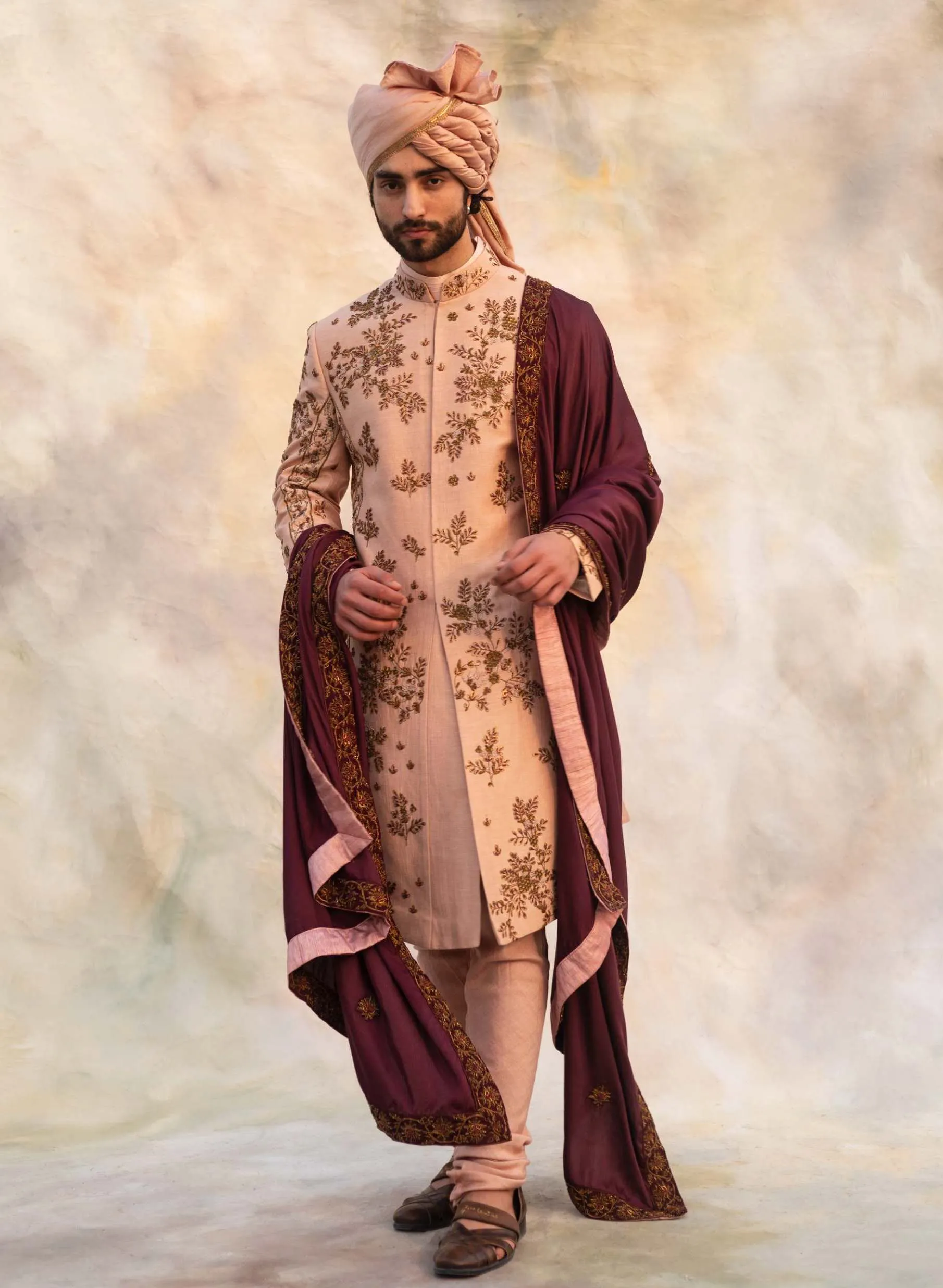 Champagne Embroidery Sherwani Set
