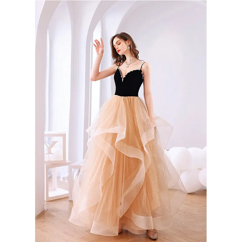 Champagne Layers Tulle with Velvet Straps Party Dress, Long Evening Gown