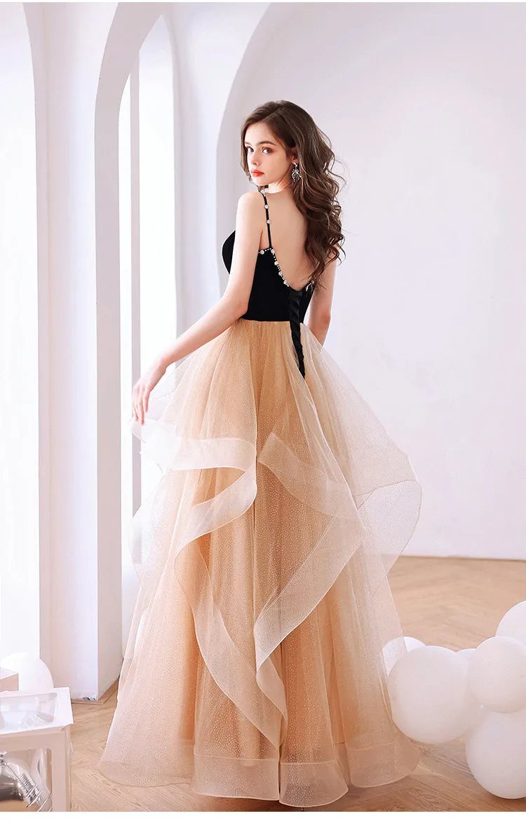 Champagne Layers Tulle with Velvet Straps Party Dress, Long Evening Gown