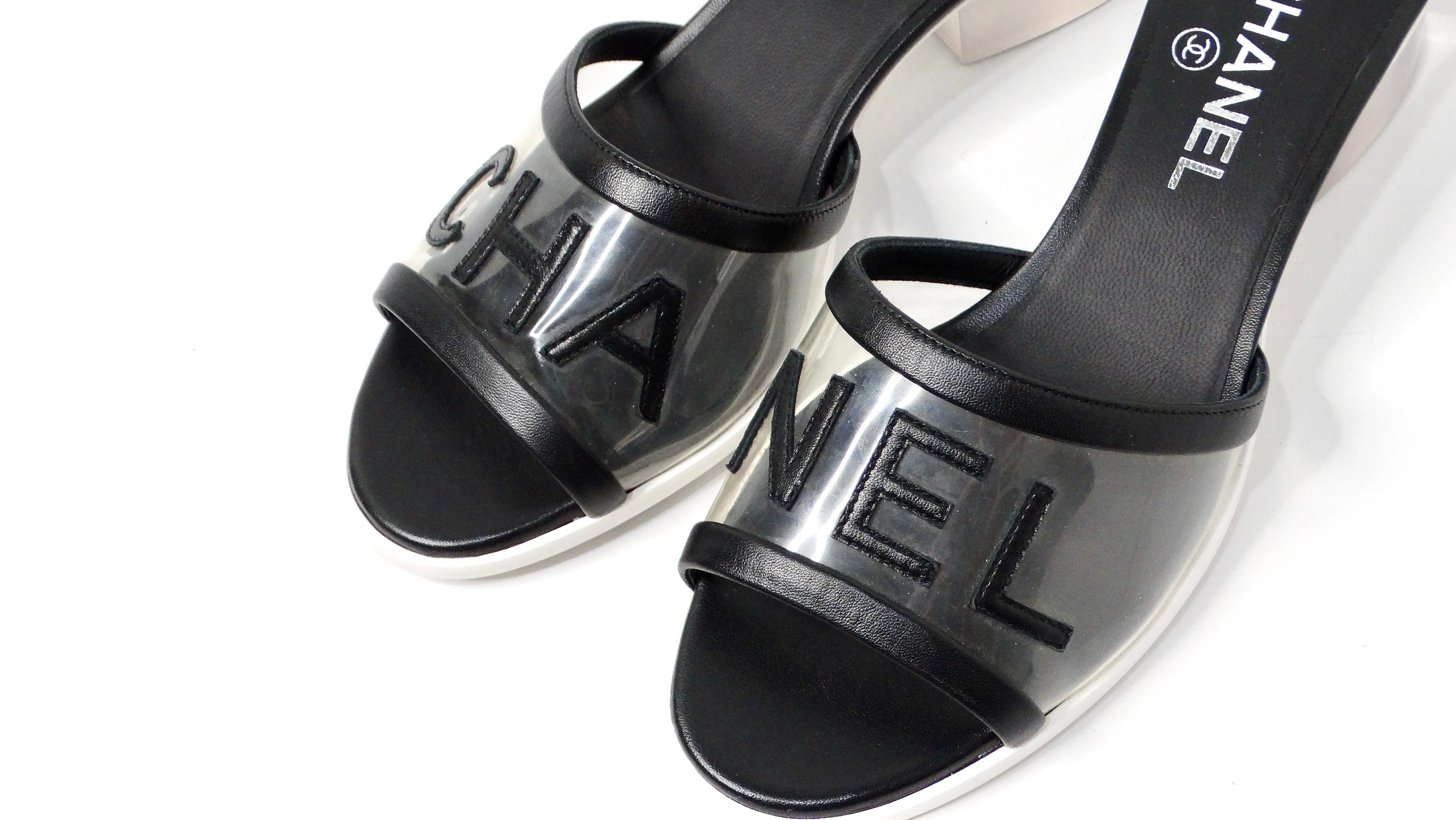 Chanel Black Leather & PVC Slide Sandals With Resin Block Heels