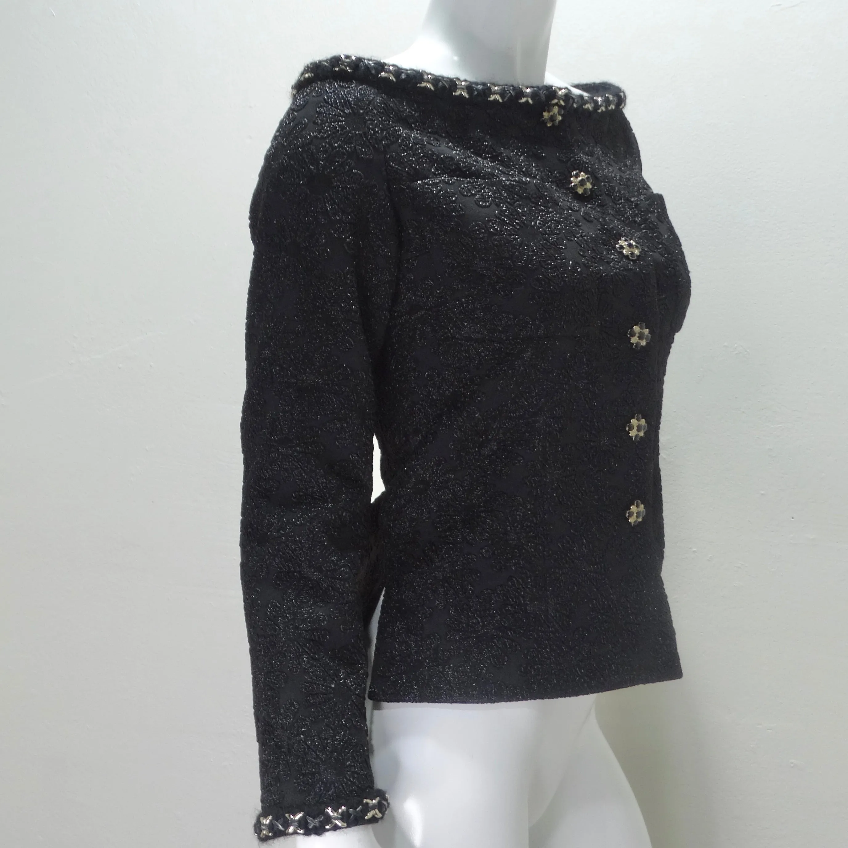 Chanel Embroidered Camellia Two Pocket Off Shoulder Button Jacket