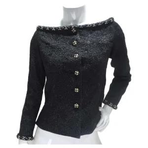 Chanel Embroidered Camellia Two Pocket Off Shoulder Button Jacket