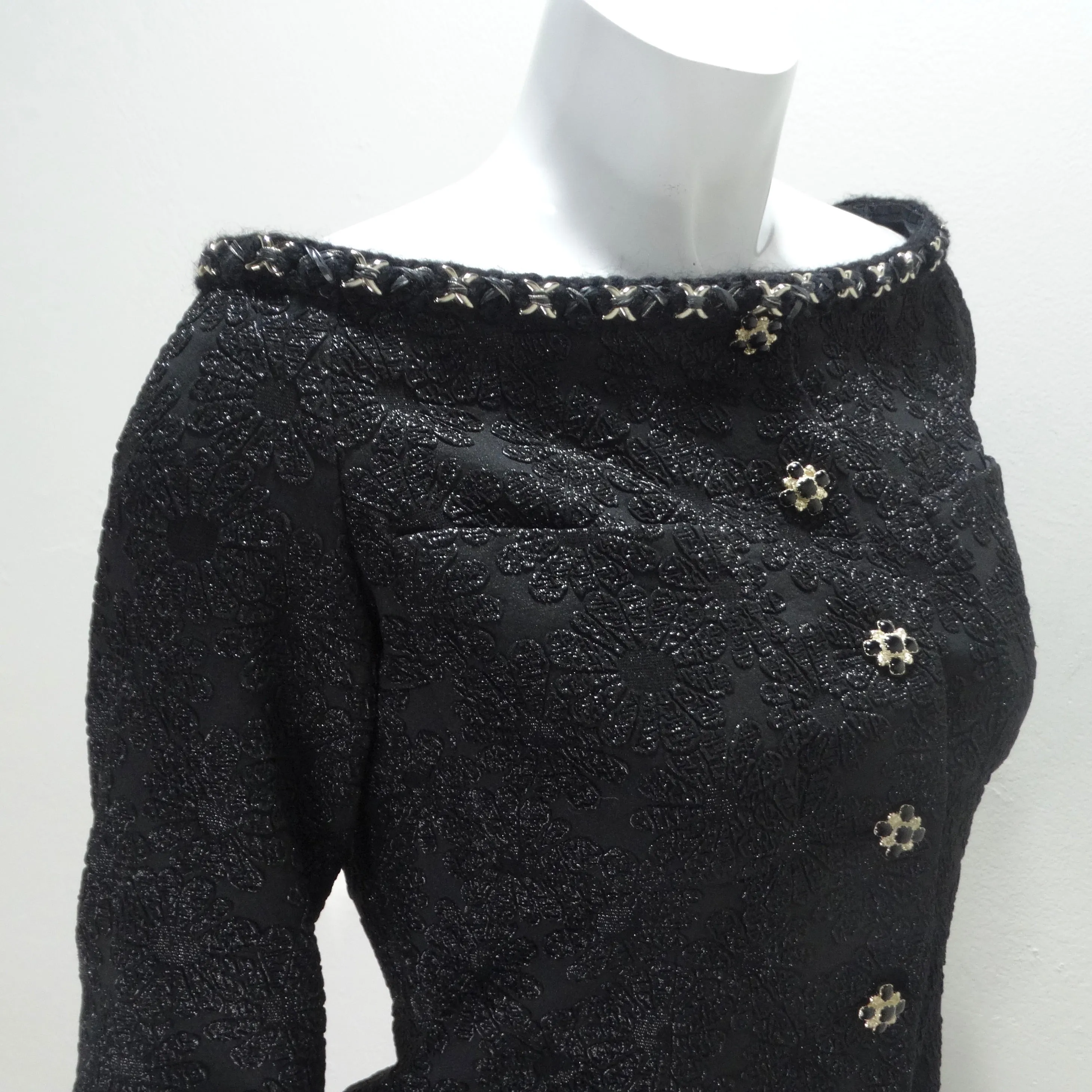 Chanel Embroidered Camellia Two Pocket Off Shoulder Button Jacket