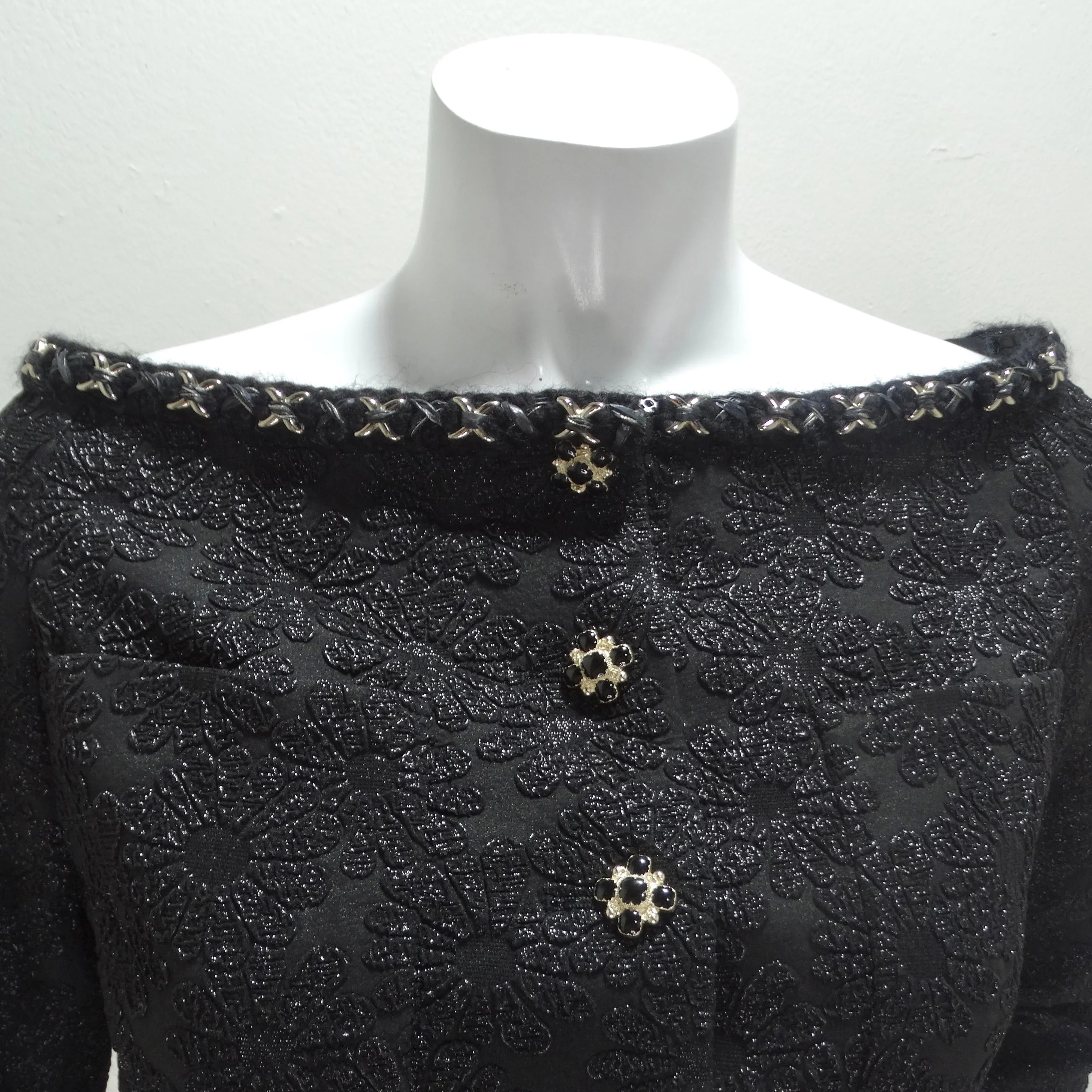 Chanel Embroidered Camellia Two Pocket Off Shoulder Button Jacket