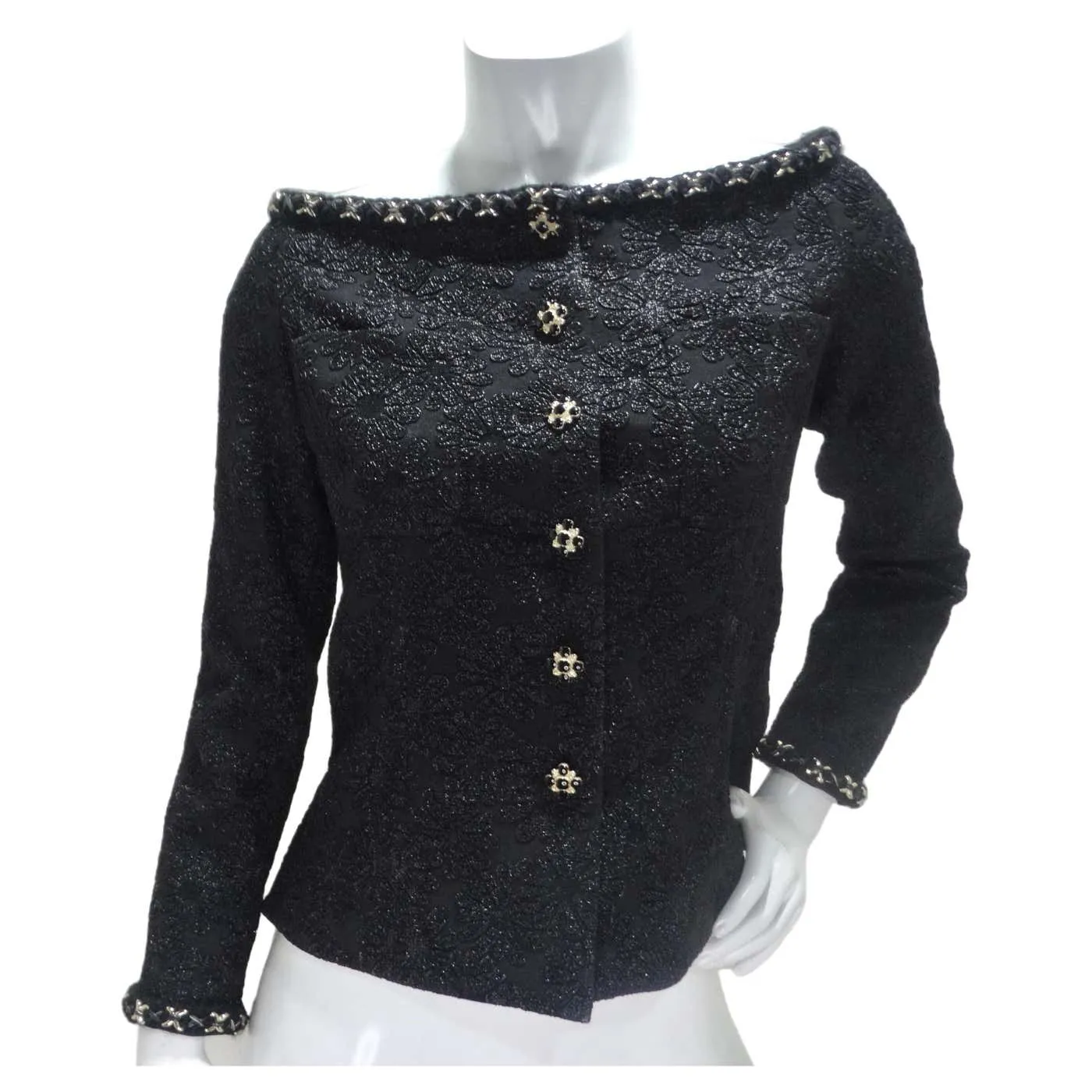 Chanel Embroidered Camellia Two Pocket Off Shoulder Button Jacket