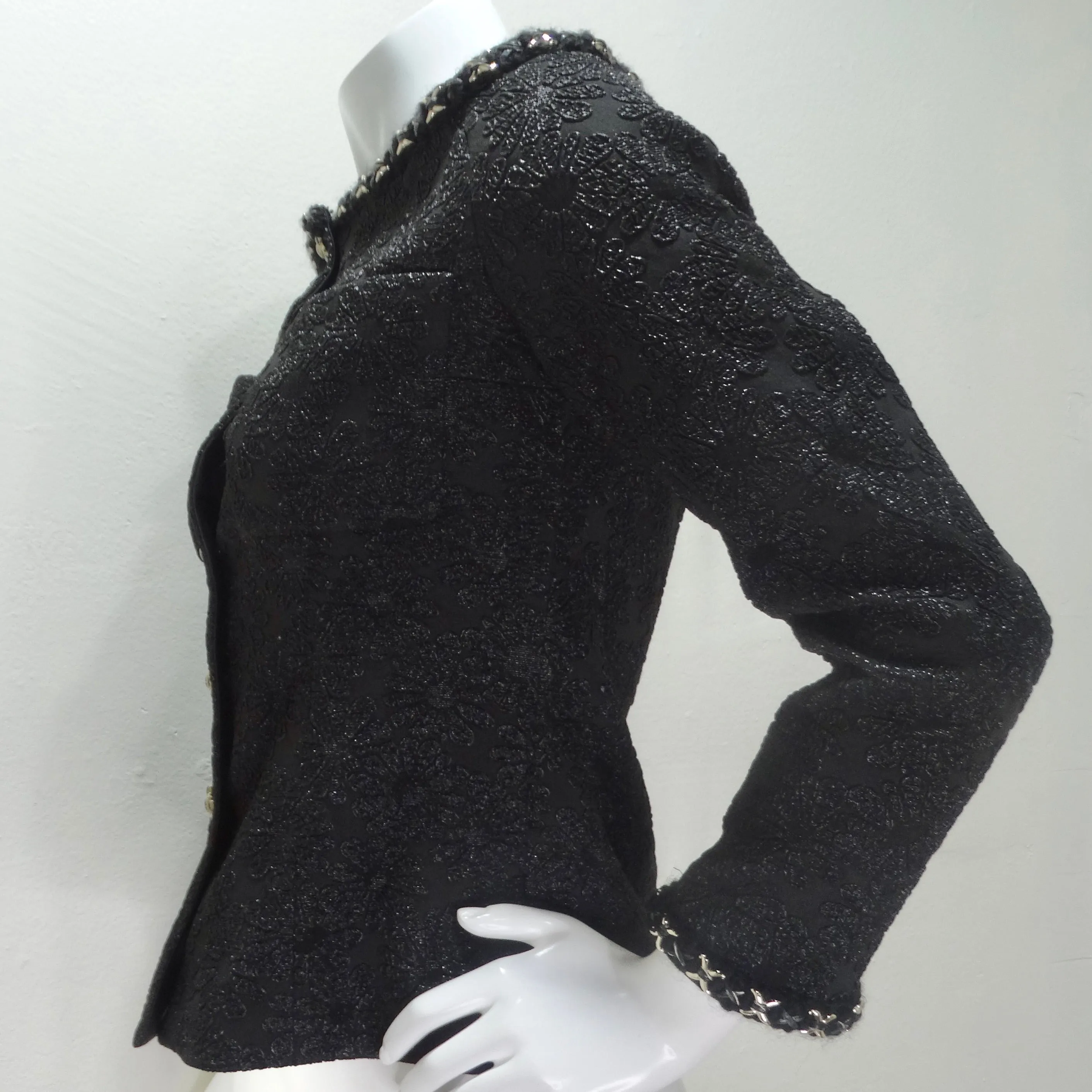 Chanel Embroidered Camellia Two Pocket Off Shoulder Button Jacket