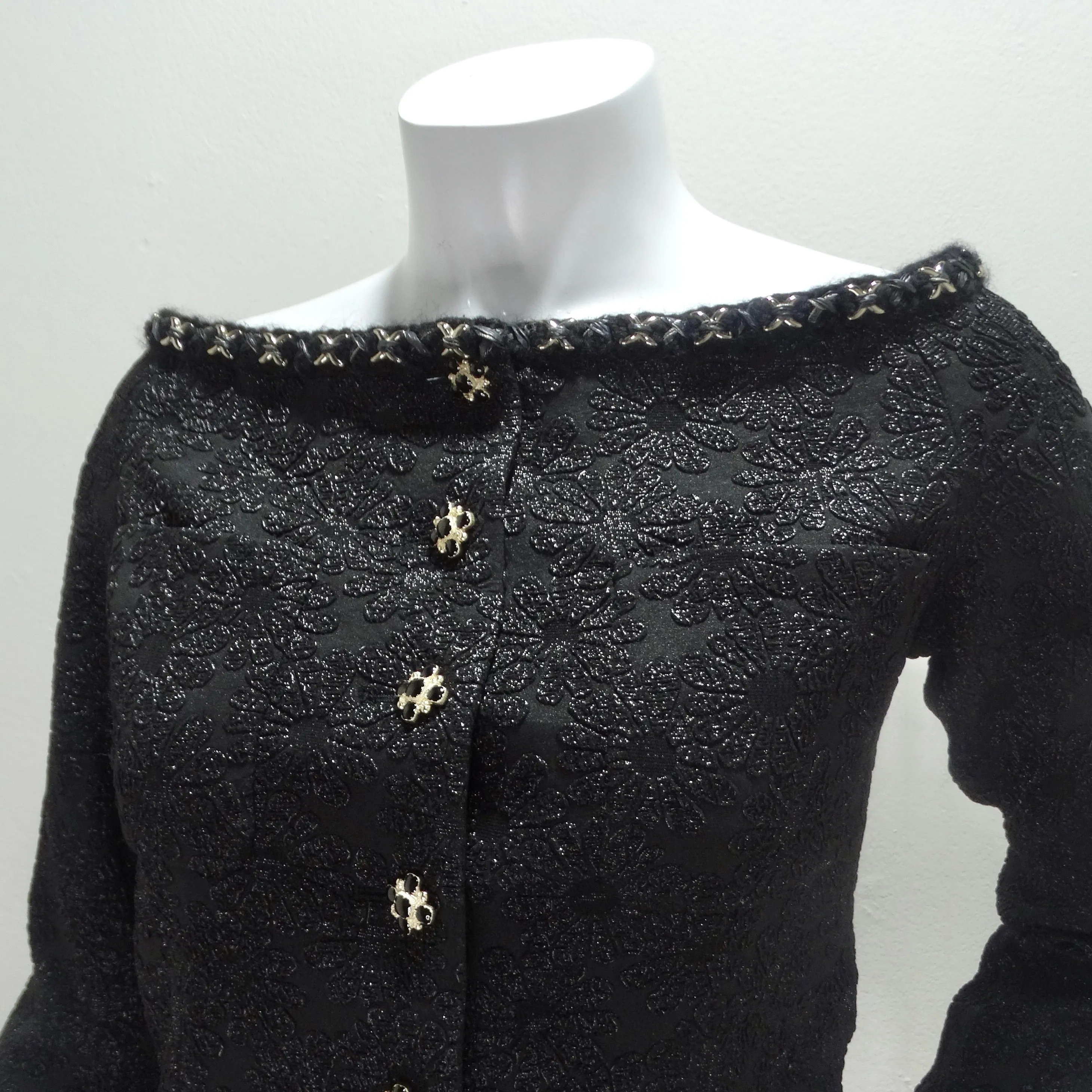 Chanel Embroidered Camellia Two Pocket Off Shoulder Button Jacket
