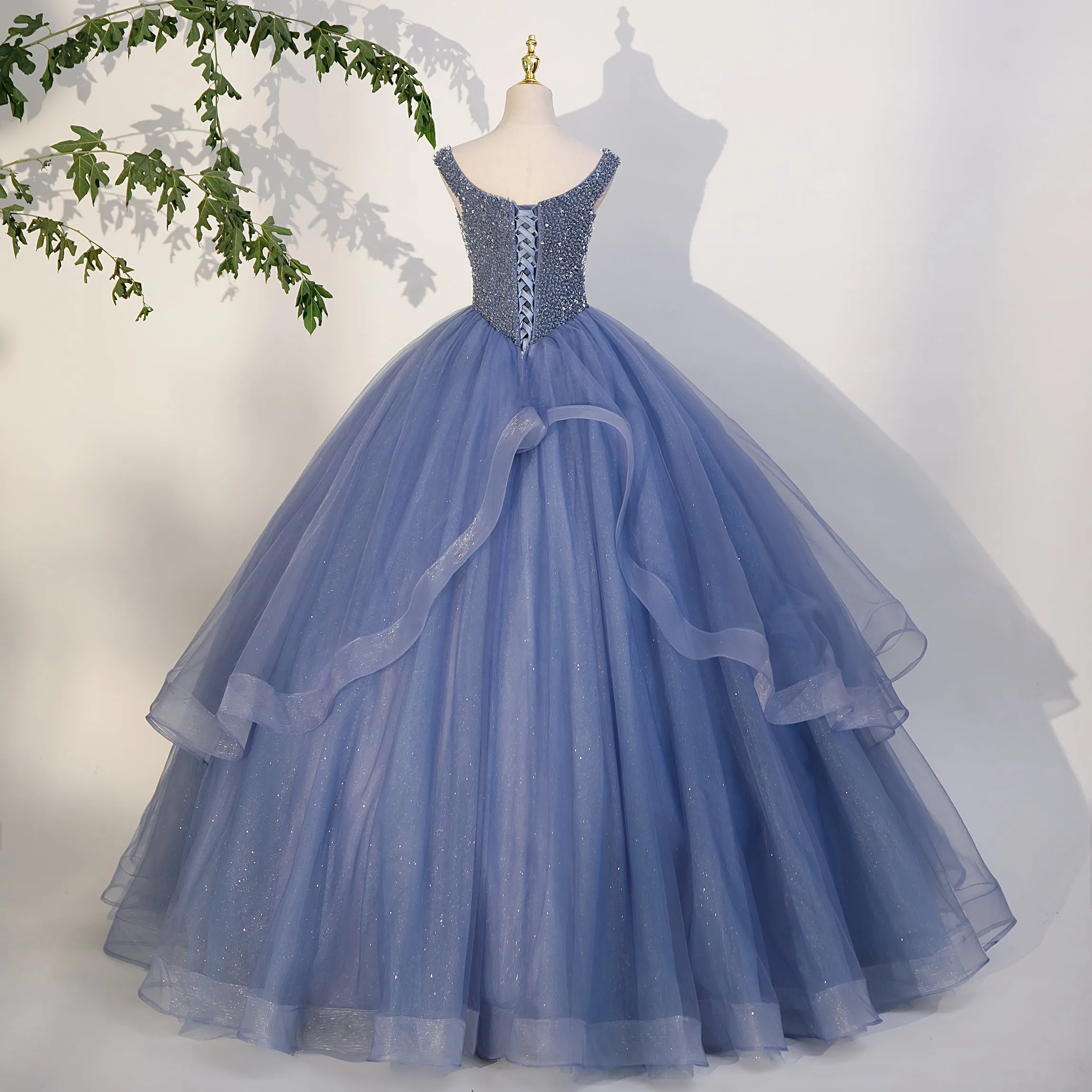 Charming Beaded Tulle Ball Gown Sweet 16 Gown, Blue Long Formal Dresses