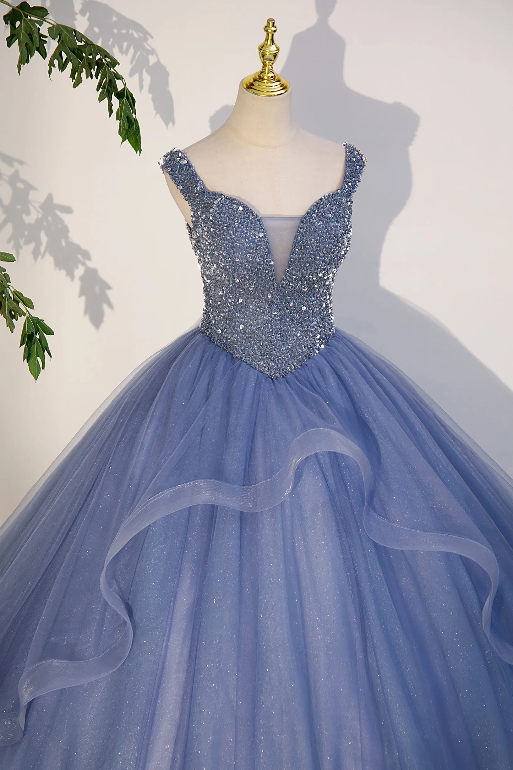 Charming Beaded Tulle Ball Gown Sweet 16 Gown, Blue Long Formal Dresses