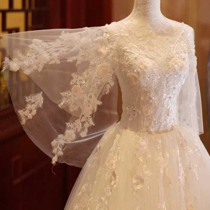 Charming Beautiful Ivory Tulle with Flowers Long Wedding Party Dress, Tulle Simple Wedding Dress