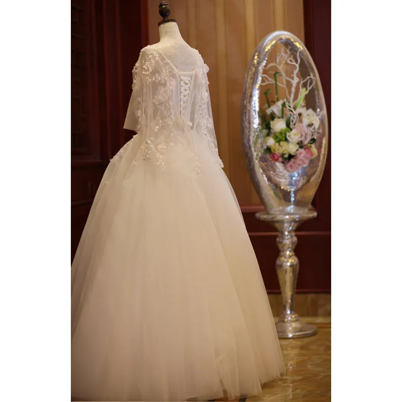 Charming Beautiful Ivory Tulle with Flowers Long Wedding Party Dress, Tulle Simple Wedding Dress