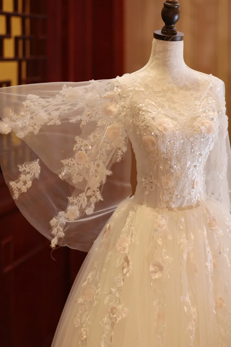 Charming Beautiful Ivory Tulle with Flowers Long Wedding Party Dress, Tulle Simple Wedding Dress