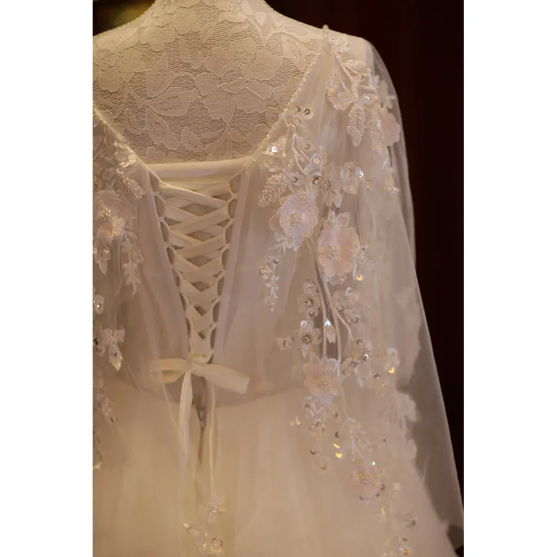 Charming Beautiful Ivory Tulle with Flowers Long Wedding Party Dress, Tulle Simple Wedding Dress