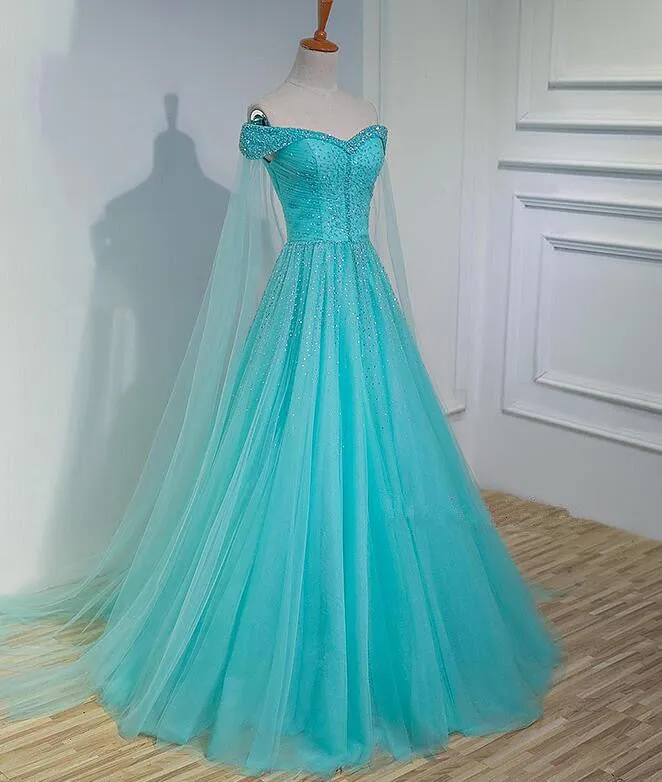 Charming Blue Beaded Sweetheart Tulle Long Party Gown, Quinceanera Dress