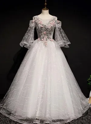 Charming Floral and Lace Ball Gown Sweet 16 Dress, Light Grey Party Dress