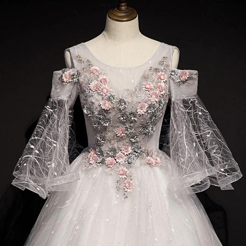 Charming Floral and Lace Ball Gown Sweet 16 Dress, Light Grey Party Dress